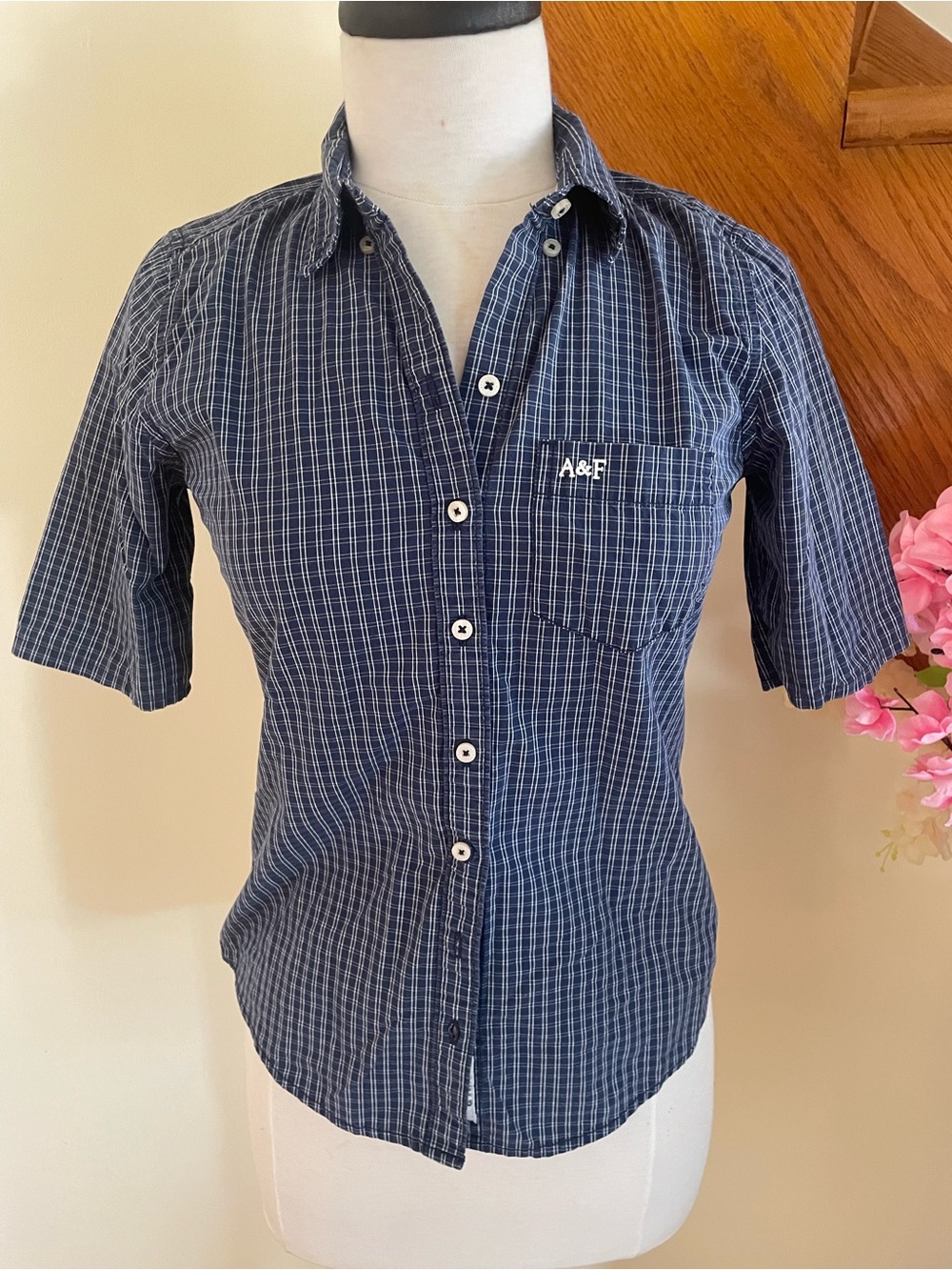 Abercrombie & Fitch Navy Checked Short Sleeve Button-Up Shirt